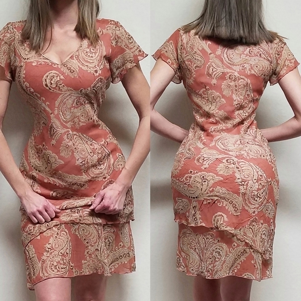 VINTAGE 90s LA Gal Rose Damask Paisley Layered Flutter Sleeve Crinkle Midi Dress